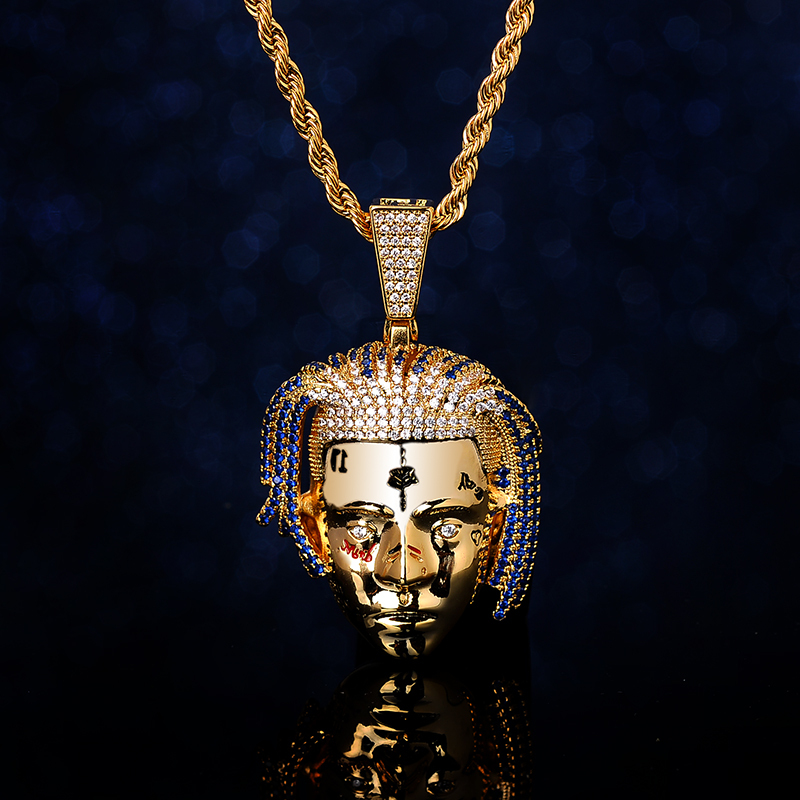 Punk Mens XXXTentacion Head Pendant Chain Necklace - Gold Iced Out