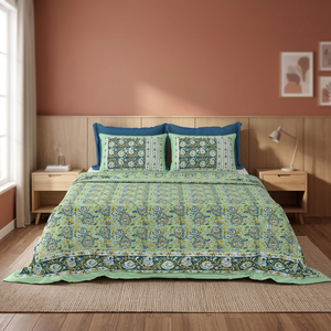 Parure de lit en coton blanc à imprimé floral style indien Jaipuri, taille King, avec housses de coussin, pour chambre à coucher bohème - Product Image 2