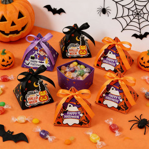 Boîte à bonbons d'Halloween en carton pyramidal avec revêtement UV, auto-érectible, ruban pliable, pour cadeaux de fête, vente en gros - Product Image 1