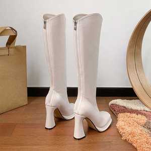 Bottes longues en cuir de haute qualité, chaussures tendance pour femmes, chaussures à bout pointu, chaussures à talons épais, chaussures décontractées d'extérieur - Product Image 4