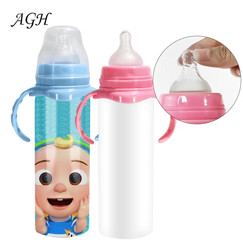 AGH toptan çevre dostu sevimli 8oz Oz paslanmaz çelik süblimasyon boşlukları bebek besleme su şişesi çocuk Tumbler kolu ile