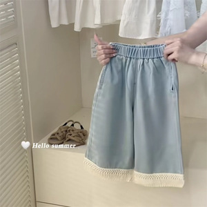 Girls Retro Summer <b>Set</b> <b>Crochet</b> Tassel Vest Wide Leg Jeans Two Piece Cotton Denim Outfit - Product Image 3