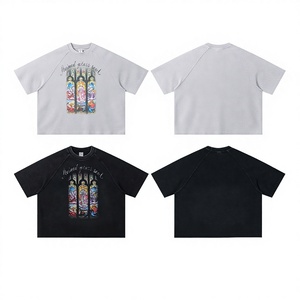 BE Menswear |   T-shirt à manches courtes ample et respirant en tissu gaufré délavé et vieilli, style streetwear américain, coupe raglan, motif original - Product Image 3