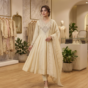 Elegante traje Anarkali color crema con cuello en V bordado y dupatta largo hasta el suelo para mujer, ideal para bodas tradicionales indias y pakistaníes. - Product Image 1