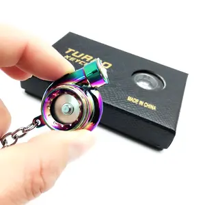Turbo Keychain with LED Lighting Metal Spinning Turbocharger Automotive Mini Car Part Keychains Key Ring for Gift