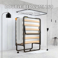 Lit double européen rembourré avec sommier à lattes en acier et espace de rangement, beige, pour bureau, hôtel et usage domestique