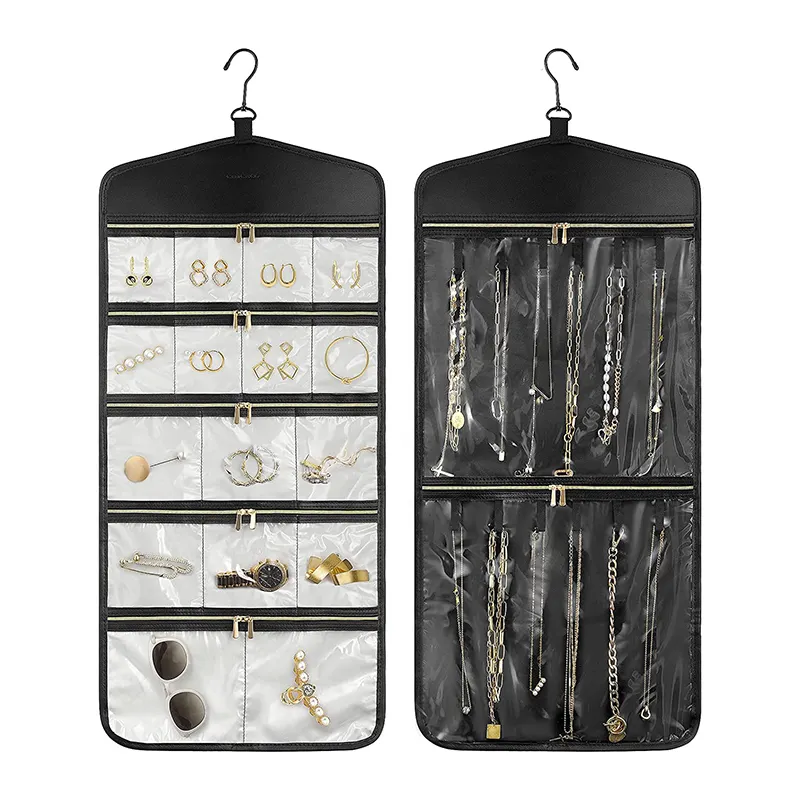 Double-Sided Hanging Jewelry Accessory Organizer Holder with Zippered Large Pockets for Closet, Door, Wall, Travel