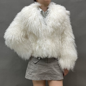 Women Special Collar Crop Length Mongolian Lamb Fur Jacket Genuine Fur Coats