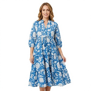 Vestido de Verano y Otoño para Adultos, 100% Algodón, Estampado Floral, Corte en A, Mangas Abullonadas, Cintura Natural, para Fiestas en el Jardín, Ropa Casual - Product Image 1