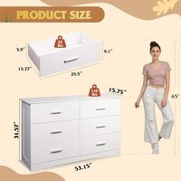 Commode Nu-Deco blanche à 6 tiroirs, large coffre en bois, unité de rangement moderne minimaliste pour chambre à coucher, organisateur de placard, salon