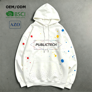 Customization Street wear Heat Transfer Printing Hoodie OEM White Fashion Rhinestone Graphics Men's Hoodie with Paint Splatter - Product Image 1