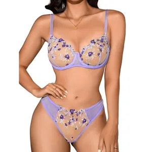 Super Gather Sexy Underwear Set Women Bras Deep V Purple Lingerie