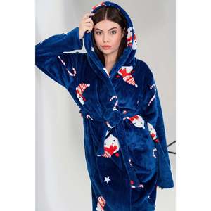 Bata de dormir navideña de forro polar para mujer, azul, con capucha, suave, de manga larga, informal, con diseño de gato y dulces - Product Image 5