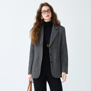 Women's Woolen Blazer Herringbone Pattern Coffee Color Anti-Wrinkle Professional Casual Suit Jacket - Product Image 4