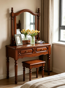 Vintage Solid Wood Dressing Table Set With <b>Mirror</b> Stool 2 Drawers Walnut Bedroom <b>Makeup</b> Vanity Desk - Product Image 2