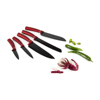 Excelsa 6-delige messenset van roestvrij staal, ambidexter, met kunststof handgrepen, gecoate messen met rechte snede, rood/zwart, magnetische houder