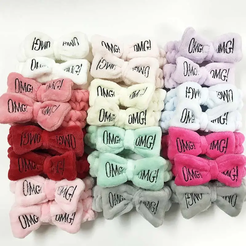 Wholesale Delicate Custom Logo OMG Cute Spa Elastic Hair Band Make up head band Hair Turban HeadBand with Bowknot