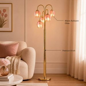 Lámpara de Pie Vintage con Pétalos de Cristal Floral, Portalámparas E26, Marco de Metal Dorado, Luz de Ambiente para Dormitorio - Product Image 2