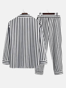 Conjunto de Pijamas de Satén a Rayas de Algodón para Hombre, Personalizado, con Botones, Manga Larga, Casual, Transpirable, Térmico, de Secado Rápido - Product Image 5