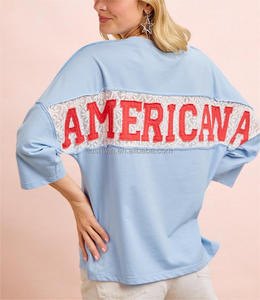 Camiseta Oversize de Manga Corta para Mujer, Cuello en V Ancho, con Parche Americano del 4 de Julio, Roja, Blanca y Azul, Estilo Patriótico, Casual y Urbana - Product Image 4