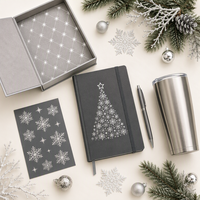 Coffret Cadeau d'Entreprise Personnalisé : Carnet A5 Rigide Gris Argenté à Motif Flocon de Neige Cousu, Stylo et Gobelet – 80