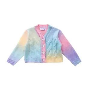 Girls Kids Fashion Rainbow V-Neck Sweater Cute Single Breasted Cardigan For Big Children