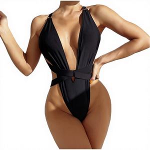 Maillot de bain une pièce sexy pour femme, couleur unie, coupe haute, style slip ou string, taille haute - Product Image 1