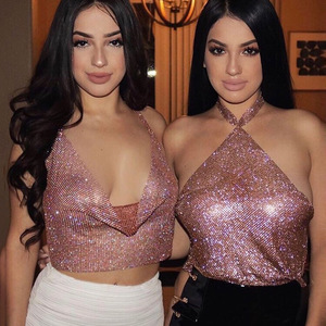 Halter Bling Sequined Women's Night Club Low Cut Halter Metal Sequins Chain Strap Deep V Exposed Umbilical tank Tops  0828 - Product Image 4