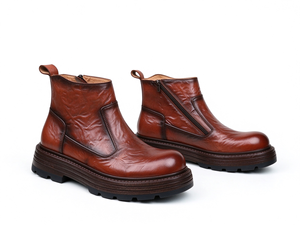 Bottines Chelsea pour hommes avec fermeture éclair latérale, en cuir véritable, effet froissé, semelle plateforme épaisse, bottines courtes décontractées pour un usage quotidien - Product Image 1