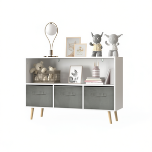 Librería infantil con cajones de tela gris, 2 estantes, armario infantil de estilo escandinavo para exhibir libros y guardar juguetes - Product Image 1