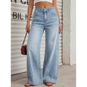 Jean évasé taille haute pour femme, coupe ample, en denim stretch, délavage clair, mélange coton et élasthanne - Product Image 2