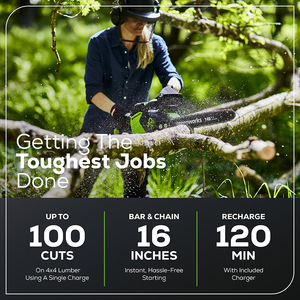 Greenworks <span class=keywords><strong>Tronçonneuse</strong></span> sans balais 40V Scie de jardin professionnelle 20 m/s Original 16 pouces Chainbar et <span class=keywords><strong>Oregon</strong></span> Sawchain 2PC 4AH Batteries - Product Image 4