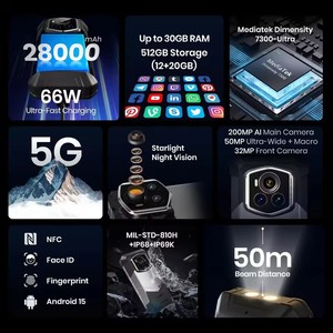 FOSSiBOT F107 PRO 5G สมาร์ทโฟนพันธุ์อึด แบตเตอรี่ขนาดใหญ่พิเศษ 28000mAh ชาร์จเร็ว 66W Octa Core 12GB+512GB หน้าจอ FHD ระบบปฏิบัติการ Android 15 สำหรับกิจกรรมกลางแจ้ง - Product Image 2