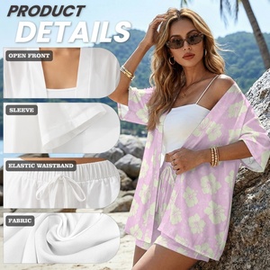 Ensemble deux pièces pour femmes, style hawaïen, imprimé floral, chemisier à manches courtes respirant, short à cordon de serrage, <span class=keywords><strong>tenue</strong></span> de plage décontractée - Product Image 5
