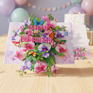 Carte d'anniversaire 3D pop-up florale, orchidées, papillons, design découpé, forme rectangulaire, papier cartonné, carte de vœux faite à la main, Viet-craft - Product Image 2