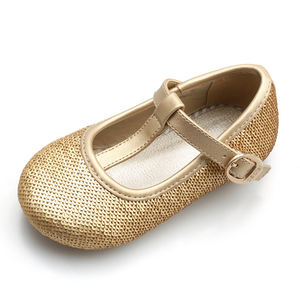 Tomaia in paillettes oro morbido <span class=keywords><strong>per</strong></span> bambini con fibbia con cinturino a T fibbia rotonda punta popolare balletti piatti in morbida pelle pu oro - Product Image 1