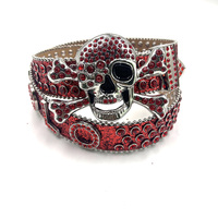 Ceinture unisexe tendance en alliage PU faite à la main avec boucle tête de mort en strass, style western cowboy et cowgirl, ornée de cristaux
