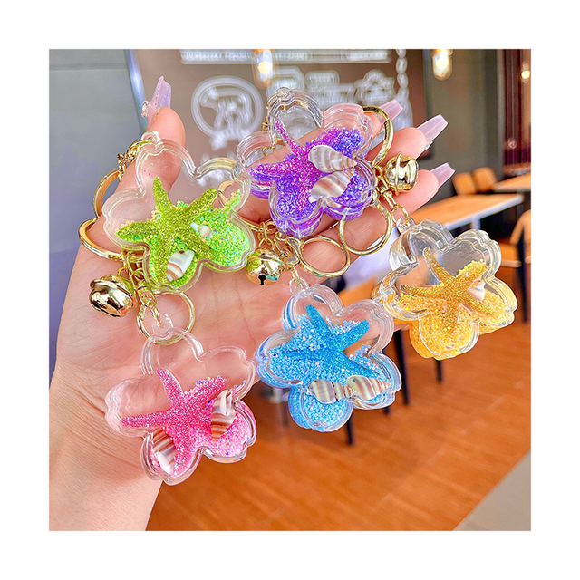 Hot Sell Kawaii Girl Women Bag Pendant Car Keyring Floating Oil Key Chains Glitter Cartoon Acrylic Cute Starfish Liquid Keychain