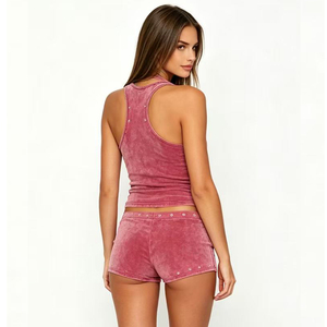 Ensemble décontracté deux pièces pour femme : débardeur brodé patchwork lavé à col <span class=keywords><strong>U</strong></span> et short taille basse avec œillets – Style streetwear personnalisé - Product Image 3