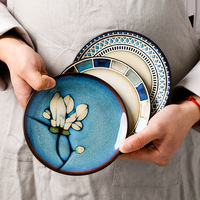Assiettes de service rétro en céramique peintes à la main, motif rayé, plusieurs couleurs, compatibles micro-ondes, avec glaçure transformée au four, vente en gros