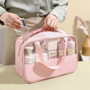 Minimalist PU Cosmetic <b>Bag</b> With Zipper Closure Soft Handles <b>Clear</b> Window Large Capacity Black - Product Image 6