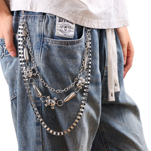 Chaîne de pantalon Yueli White Skull Bullet en alliage de zinc, chaîne de taille punk multicouche, décorative pour jean décontracté - Product Image 2