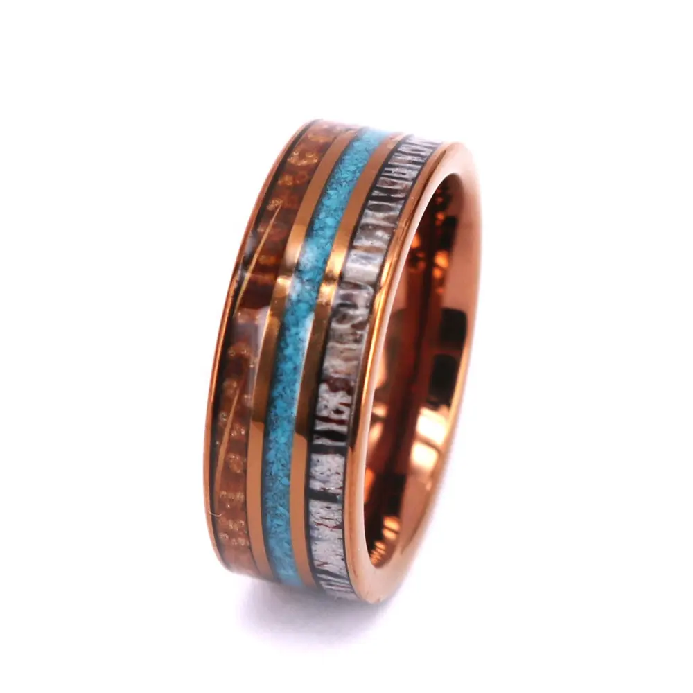 Recycle Whisky Barrel Natural Deer antler and Curshed Turquoise Inlay Brown Woman Wedding Ring