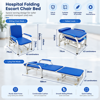 Fauteuil-lit d'accompagnement hospitalier pliant à trois positions avec accoudoirs rembourrés, convertible en lit pour la réadaptation médicale en clinique