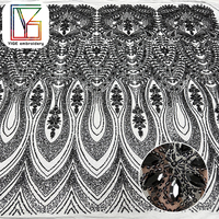 Tissu en dentelle de luxe noir avec pierres de cristal, tulle brodé, perles et paillettes pour robes de soirée élégantes pour femmes