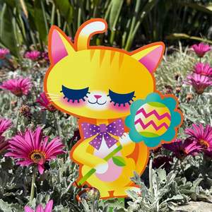 Nouveau produit : Autocollant de sol en métal motif chat fleur de printemps, décoration de jardin et de pelouse, thème chaton de Pâques, pour site Web indépendant - Product Image 1