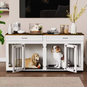 מודרני כלב עץ גדול מודרני עם דלתות כפול ו 2 מגשים כבדים סלון לחיות מחמד כלוב ל 2 כלבים - Product Image 2