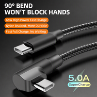 Câble de données USB-C vers C 90 degrés 5A 60W à charge rapide et transfert de données, tressé en nylon, pour téléphones mobiles et accessoires informatiques
