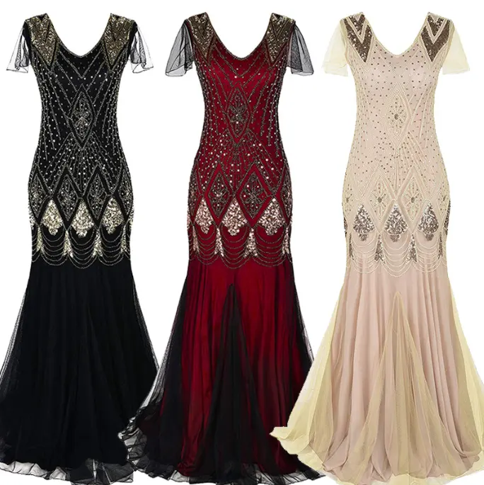 새로운 패션 짧은 소매 파티 드레스 여성 슬림 스팽글 긴 드레스 섹시한 이브닝 드레스
