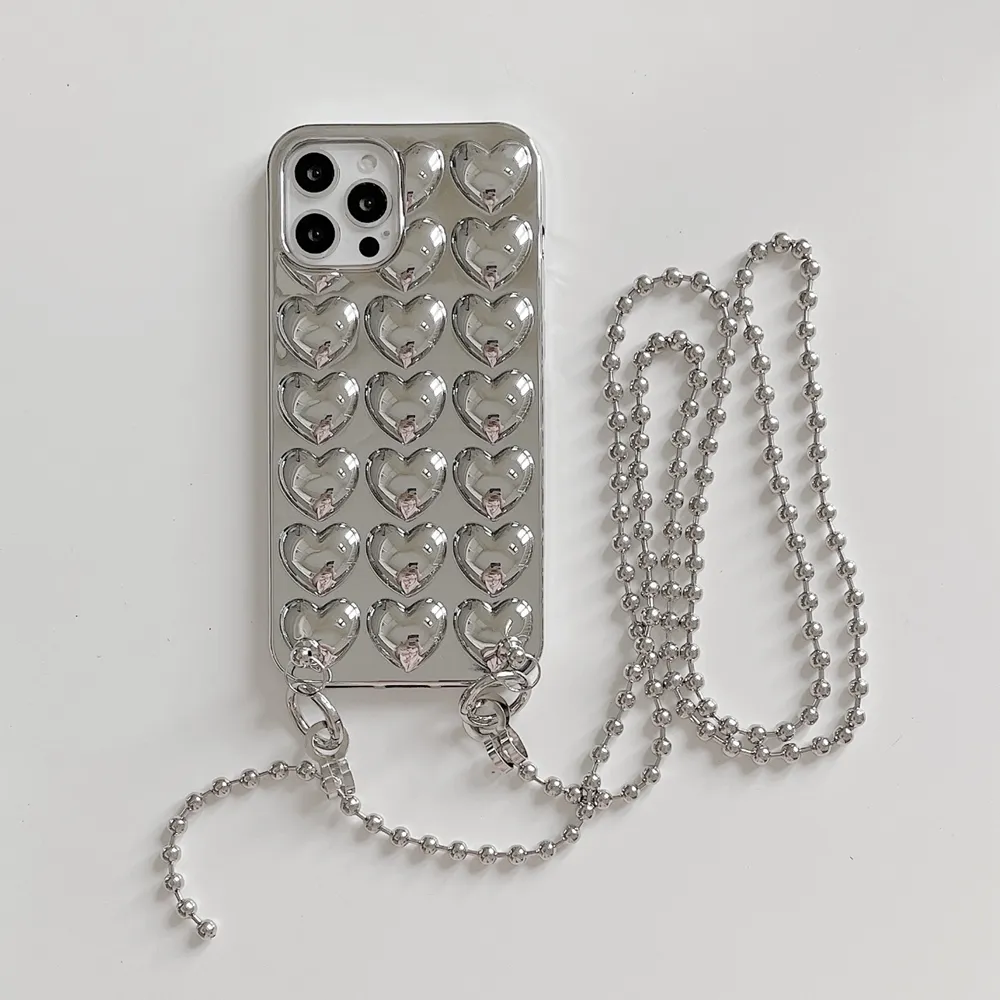 Leuke 3D Hart Chain Wrist Strap Telefoon Case Voor Iphone 12 11 Pro Max Soft Tpu Cover Voor Iphone X xs Xr Max 7 8 Plus 12 Mini